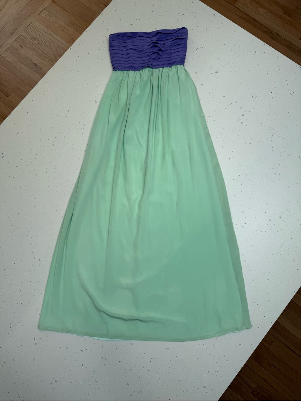 Boundary & Co XS Silk Colorblock Strapless Maxi Dress Purple Green